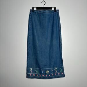 Casual Corner Women's Vintage Denim‎ Maxi Wrap Garden Embroidered Skirt M NWT